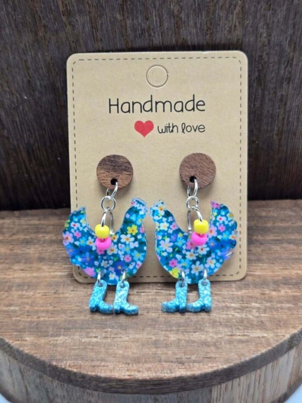 NWT Blue Floral Chicken Earrings Pierced Acrylic Boots Dangle Drop Light Weight